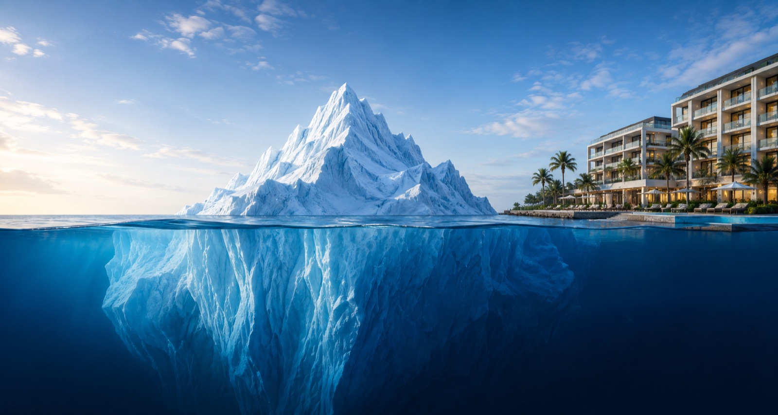 Iceberg beside a waterfront hotel, most of its mass hidden below the waterline